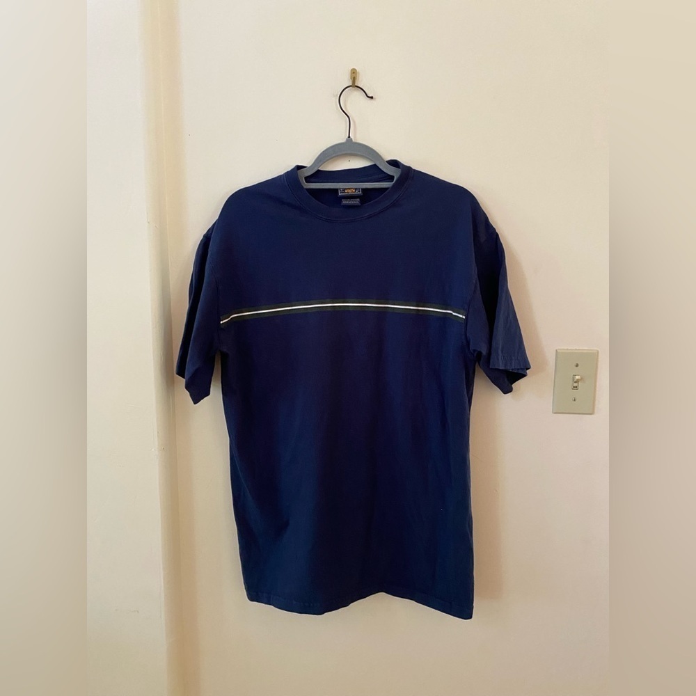 VINTAGE GET YOUR KISSES KICKS ROUTE 66 MENS NAVY BLUE T-SHIRT WITH STRIPE COTTON